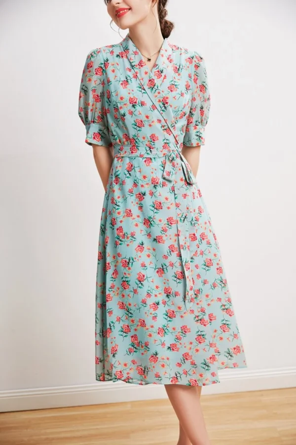100% Heavy Silk Women's Dresses Turn Down Collar Short Puff Sleeves Printed Lace Belt Fashion Summer Dress Vestidos