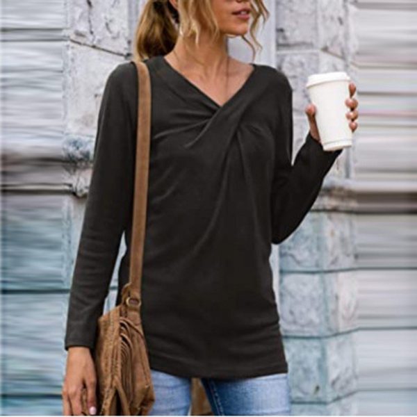 Women V-Neck Solid T-Shirt Loose Long Sleeve Plus Size Shirts Autumn Spring Pullover Tops 2020 Female Cotton Tee Shirts - Takalr