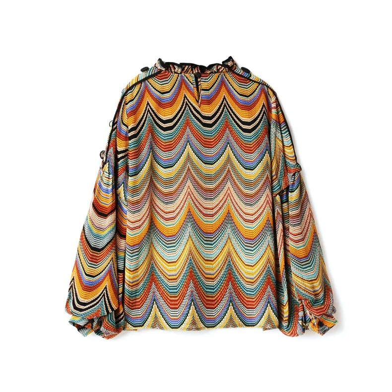 100% Silk Women's Shirt Ruffled Collar Long Lantern Sleeves Waves Printed Piping Fashion Casual Blouse - Image 10
