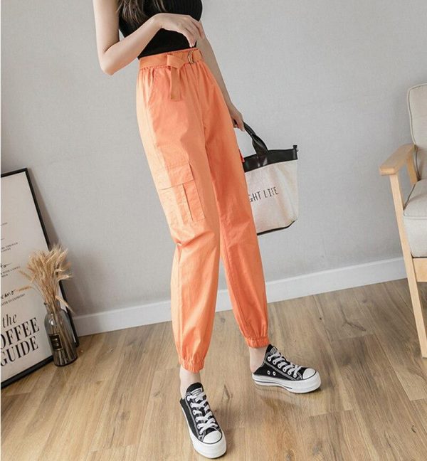 High Waist  Women's Looses Cargo Pants With belt nine-point harem pants Colorfur  high waist pants sashes pockets office pants - Takalr