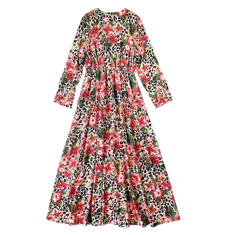 Women's Runway Dress Sexy V Neck Long Sleeves Floral Printed Sash Belt Ruched Fashion Maxi Dresses Vestidos - Image 2