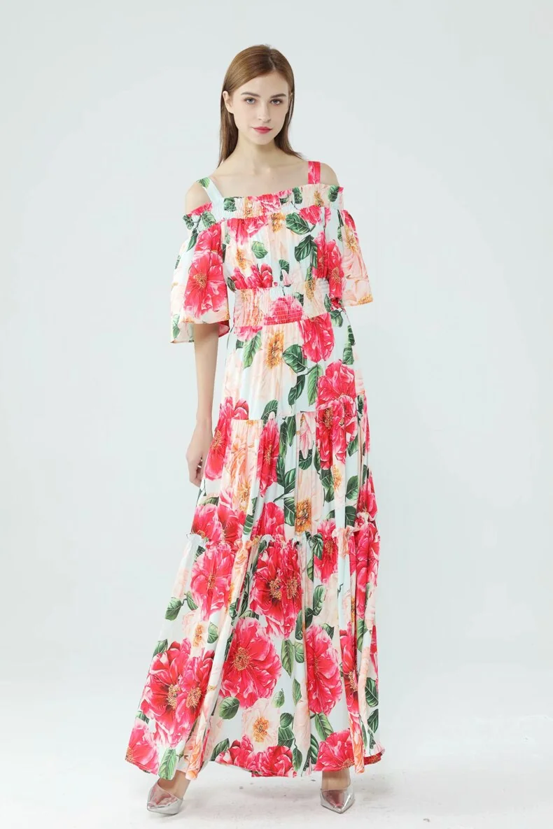 Women's Runway Dresses Spaghetti Straps Slash Neckline Floral Printed Tiered Ruffles Elegant Long Maxi Dresses - Image 3