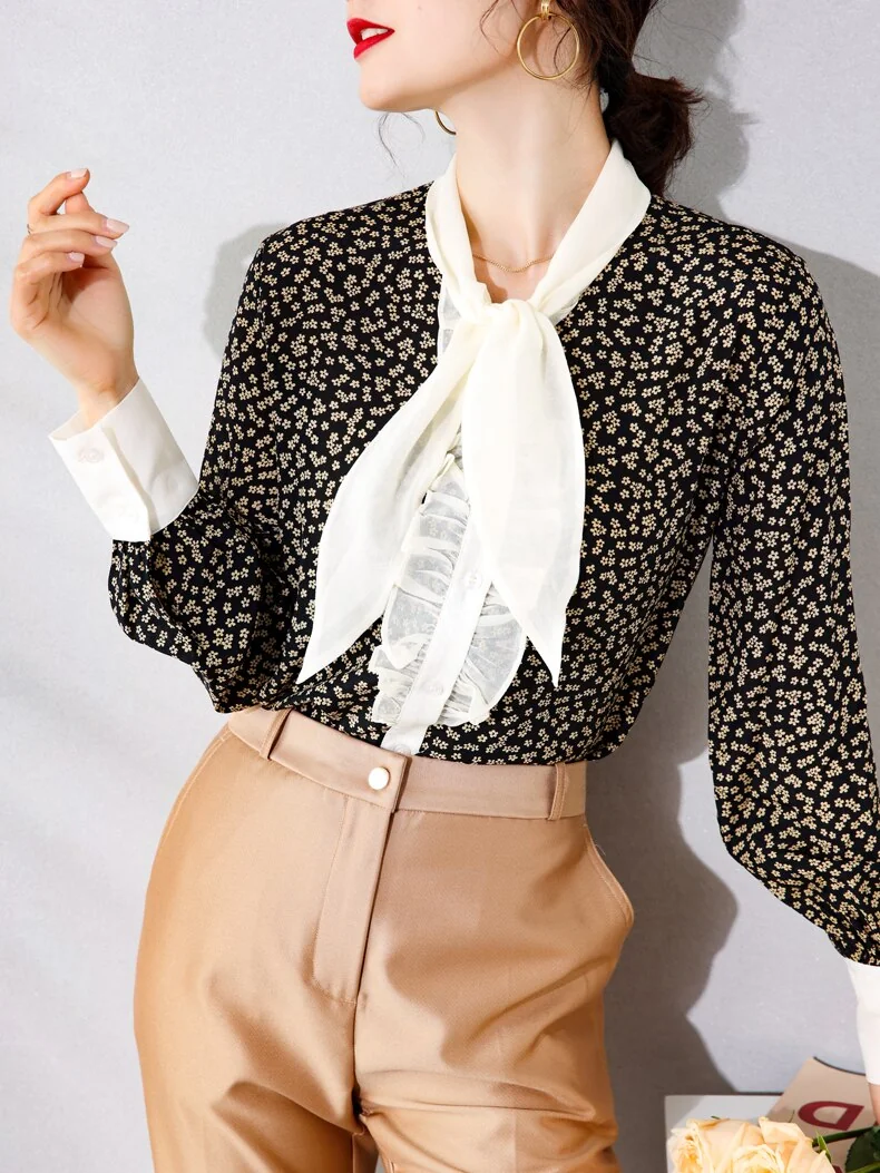 100% Silk Women's Shirt Lace Up Bow Collar Ruffles Long Sleeves Printed Fashion Casual Blouse Tops - Image 5