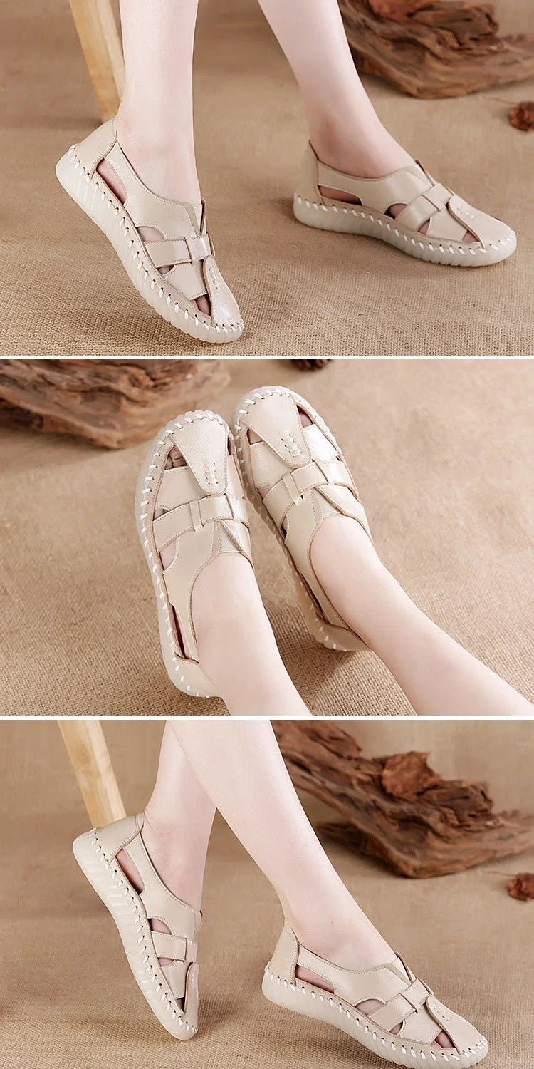 Women Retro Manual Suture Hollow Sandal Loafers - Image 15
