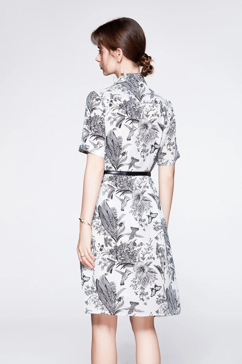 100% Silk Women's Dresses Turn Down Collar Short Sleeves Printed Single Breasted Fashion Dress Vestidos - Image 7