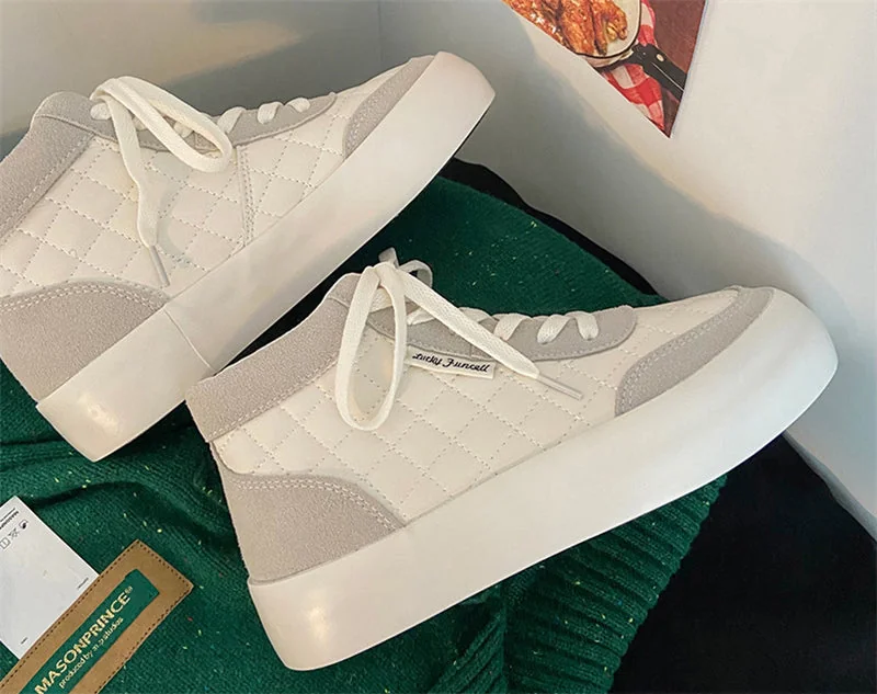 Women Shoes Autumn White PU Leather Sneakers Fashion Platform Sport Shoes Plaid Lace-up Casual Comfy Ankle Boots - Image 12