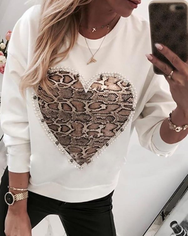 Heart Pattern Snakeskin Print Round Neck Casual Sweatshirt T-Shirt Women Long Sleeve O-neck Casual Tops Tees - Takalr