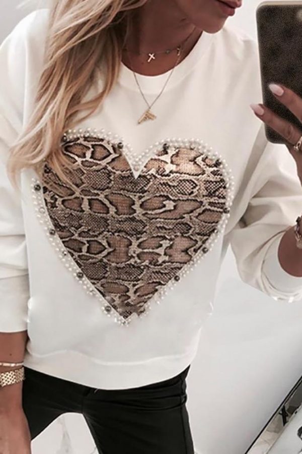 Heart Pattern Snakeskin Print Round Neck Casual Sweatshirt T-Shirt Women Long Sleeve O-neck Casual Tops Tees - Takalr