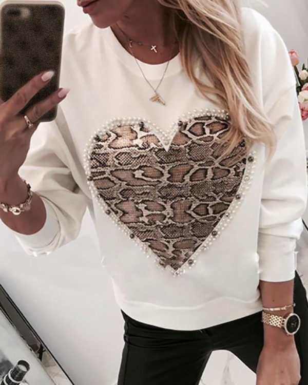 Heart Pattern Snakeskin Print Round Neck Casual Sweatshirt T-Shirt Women Long Sleeve O-neck Casual Tops Tees - Takalr