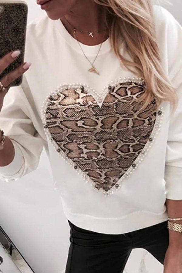 Heart Pattern Snakeskin Print Round Neck Casual Sweatshirt T-Shirt Women Long Sleeve O-neck Casual Tops Tees - Takalr