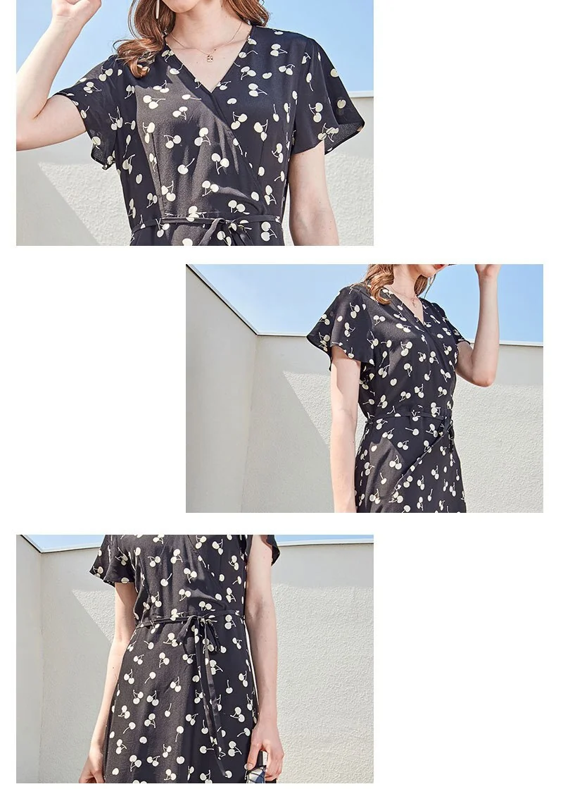 100% Silk Women's Dresses V Neck Short Sleeves Ruffles Printed Fashion Casual Summer Holiday Dresses - Image 4