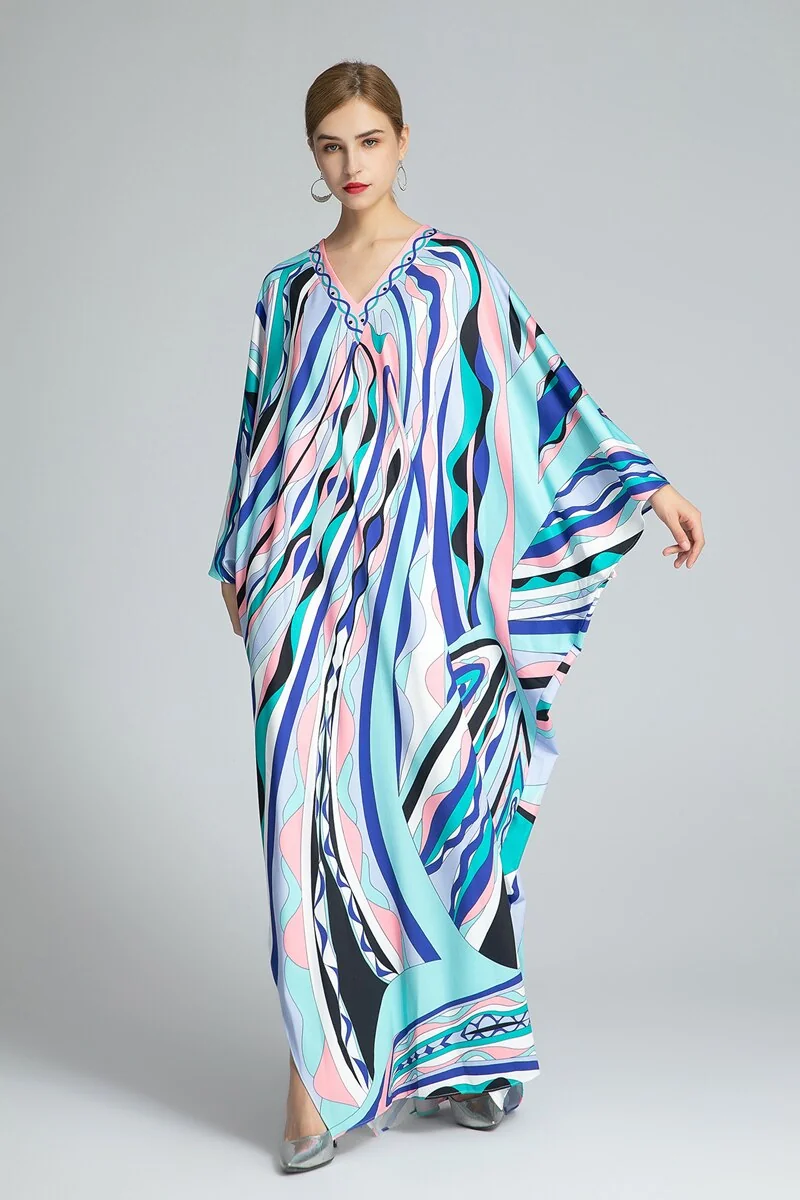 Women's Runway Dresses Sexy V Neck Batwing Sleeves Printed Knitted Loose Design Long Spit Fashion Dresses - Image 2