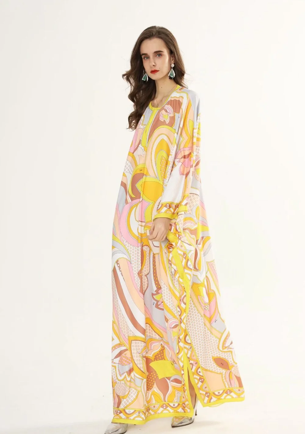 Women's Runway Dresses O Neck Batwing Sleeves Printed Loose Deisgn Plus Sizes Holiday Knitted Elastic Long Maxi Dresses - Image 3