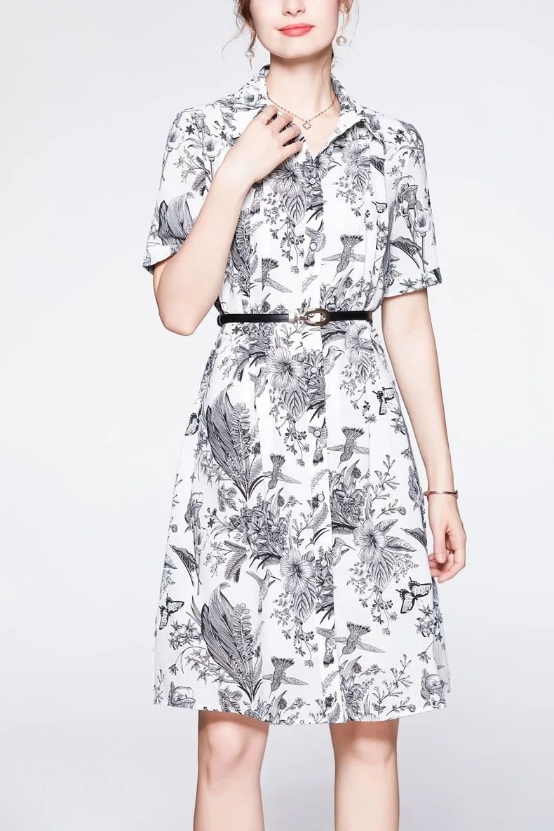 100% Silk Women's Dresses Turn Down Collar Short Sleeves Printed Single Breasted Fashion Dress Vestidos