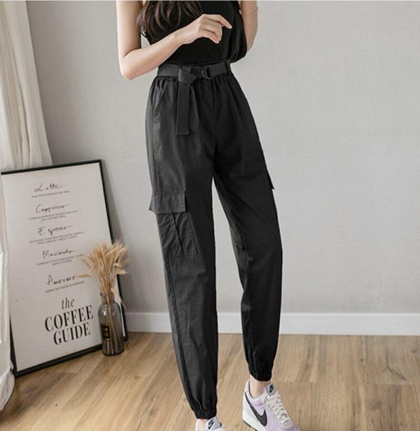 High Waist  Women's Looses Cargo Pants With belt nine-point harem pants Colorfur  high waist pants sashes pockets office pants - Takalr