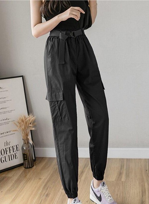 High Waist  Women's Looses Cargo Pants With belt nine-point harem pants Colorfur  high waist pants sashes pockets office pants - Takalr