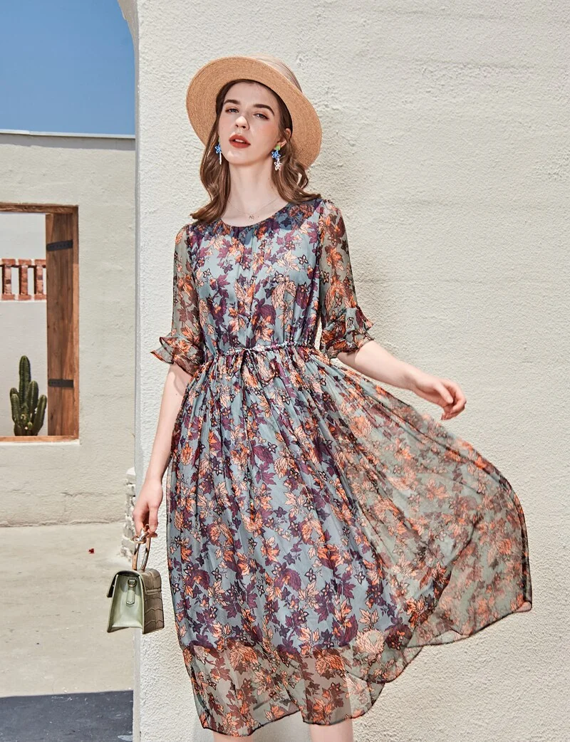 100% Silk Women's Runway Dresses O Neck Short Sleeves Ruffles Floral Printed Lace Up Waist Fashion Casual Mid Calf Dresses