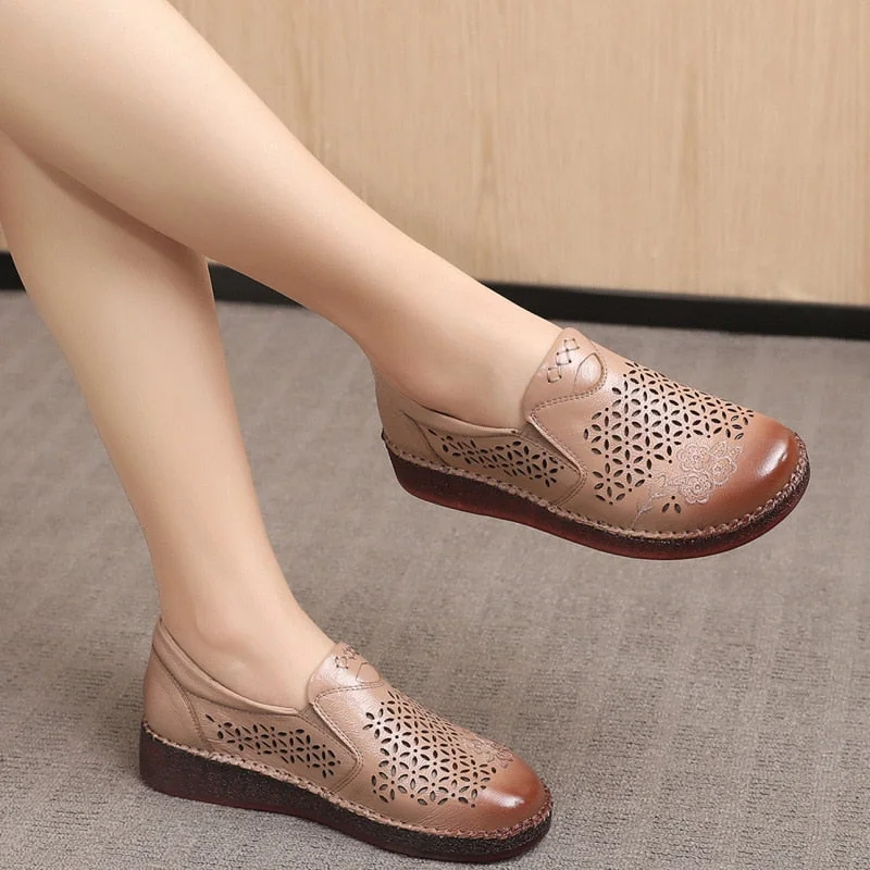 Spring Summer Slip On Women Shoes Hollow Breathable Genuine Leather Moccasins Flats Shoes Female - Image 29