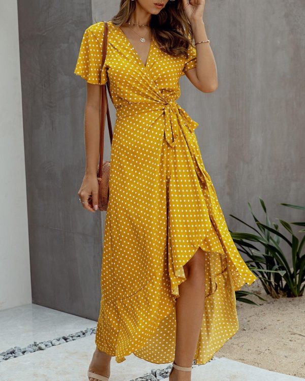 Summer Maxi Dress Women Polka Dot Sexy V Neck Ruffles Short Sleeve Holiday Long Beach Sundress Ladies Lace Up Wrap Party Dresses - Takalr