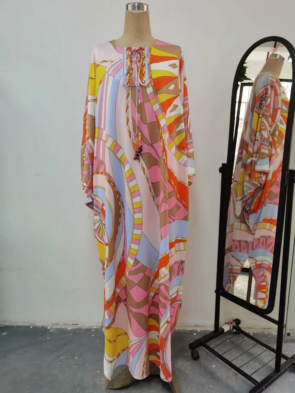 Women's Runway Dresses O Neck Lace Up Tassels Batwing Sleeves Printed Loose Plus Sizes Holiday Knitted Elastic Long Maxi Dress - Image 8