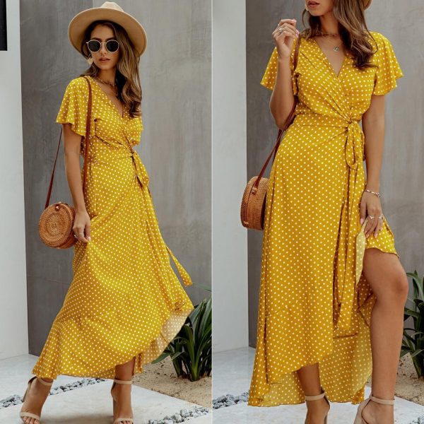 Summer Maxi Dress Women Polka Dot Sexy V Neck Ruffles Short Sleeve Holiday Long Beach Sundress Ladies Lace Up Wrap Party Dresses - Takalr