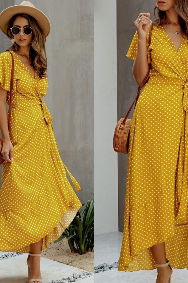 Summer Maxi Dress Women Polka Dot Sexy V Neck Ruffles Short Sleeve Holiday Long Beach Sundress Ladies Lace Up Wrap Party Dresses - Takalr