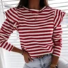 Women Ruffles Striped Tops Long Sleeve O Neck Leisure T -Shirts Office Work Fashion  Autumn Tees Loose