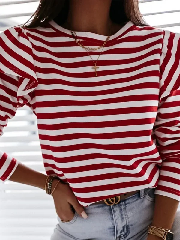 Women Ruffles Striped Tops Long Sleeve O Neck Leisure T -Shirts Office Work Fashion  Autumn Tees Loose
