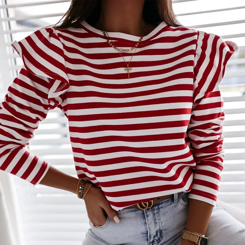Women Ruffles Striped Tops Long Sleeve O Neck Leisure T -Shirts Office Work Fashion Autumn Tees Loose