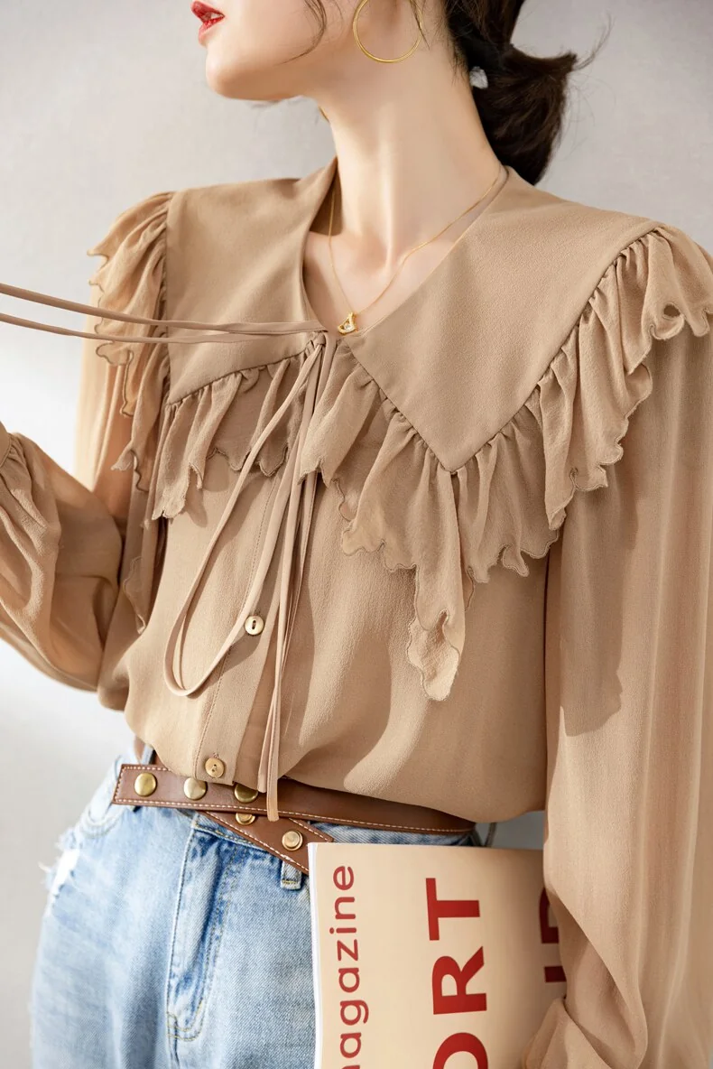 100% Silk Women's Shirt Turn Down Collar Long Sleeves Lace Up Ruffles Elegant Fashion Blouse Tops - Image 7