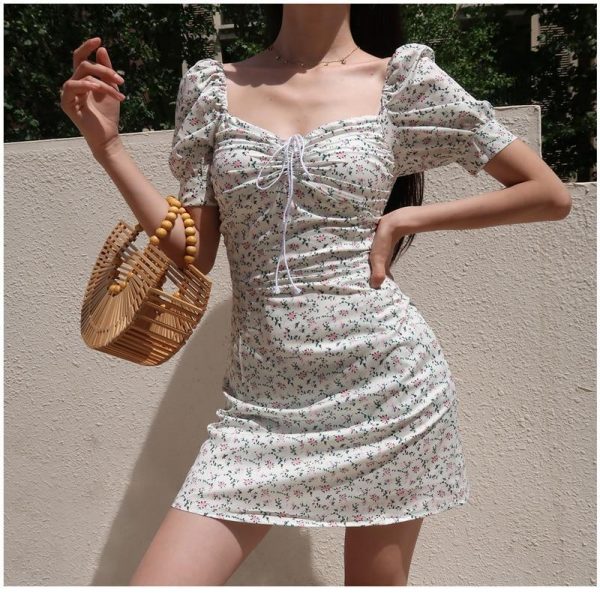 Summer Dress Retro Boho Women Tie Neck Floral Print Floral Mini Sexy White Dress Elegant Puff Sleeve Dresses Korean Vestidos - Takalr