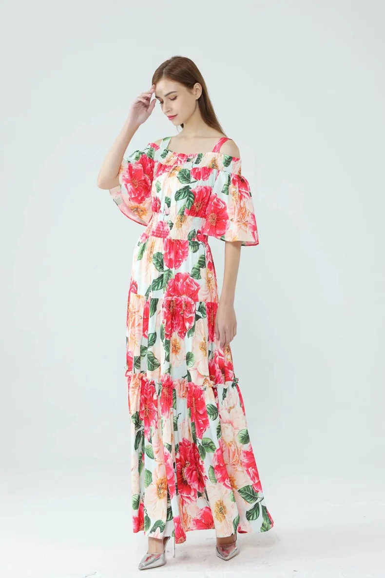 Women's Runway Dresses Spaghetti Straps Slash Neckline Floral Printed Tiered Ruffles Elegant Long Maxi Dresses - Image 2