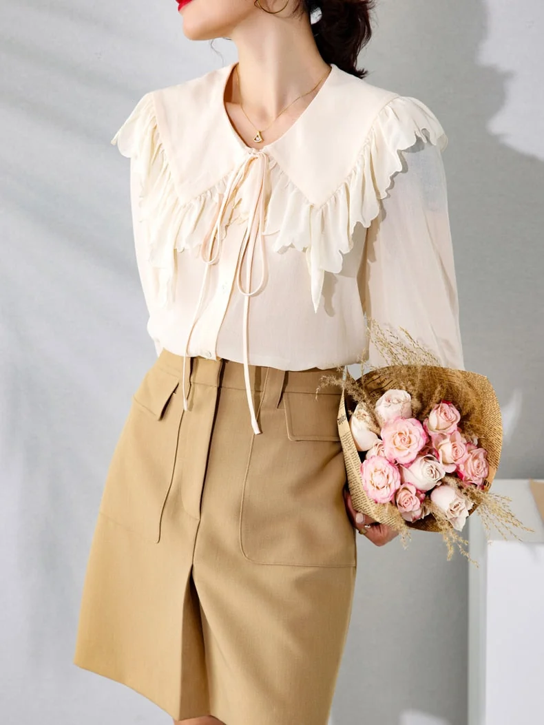 100% Silk Women's Shirt Turn Down Collar Long Sleeves Lace Up Ruffles Elegant Fashion Blouse Tops - Image 12