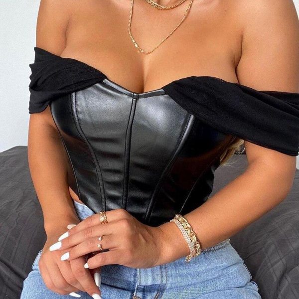 Cryptographic PU leather Sexy Bustier Corset Top Off Shoulder Chiffon White Strapless Female Top Cropped Tops Women Clothes - Takalr