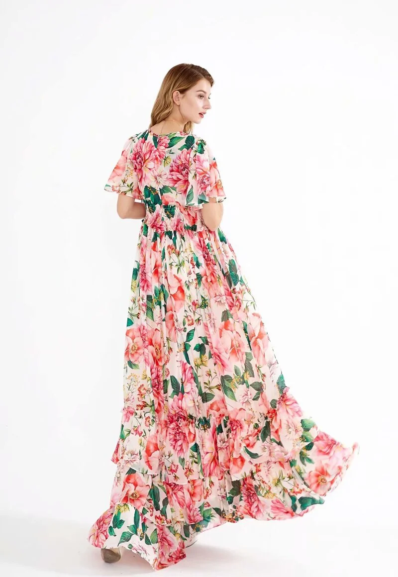 Women's Runway Dresses Sexy V Neck Short Flare Sleeves Floral Printed Tiered Ruffles Fashion Elegant Prom Long Dresses - Image 8