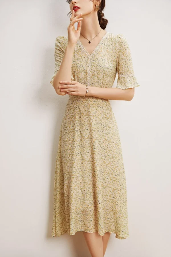 100% Natural Silk Women's Dresses Sexy V Neck Short Sleeves Printed Lace Piping Fashion Dress Vestidos