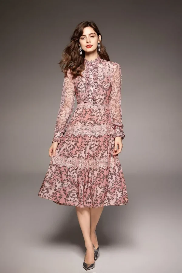 100% Natural Silk Women's Dresses O Neck Long Sleeves Ruffles Tired Lace Patchwork Printed Fashin Dress Vestidos