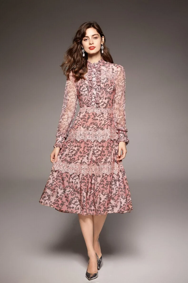 100% Natural Silk Women's Dresses O Neck Long Sleeves Ruffles Tired Lace Patchwork Printed Fashin Dress Vestidos