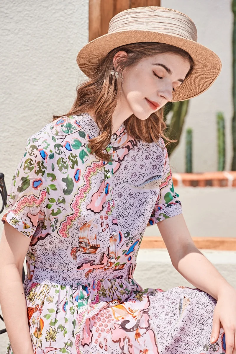100% Silk Women's Runway Dresses O Neck Short Sleeves Ruched Printed Fashion Casual Summer Dresses - Image 5