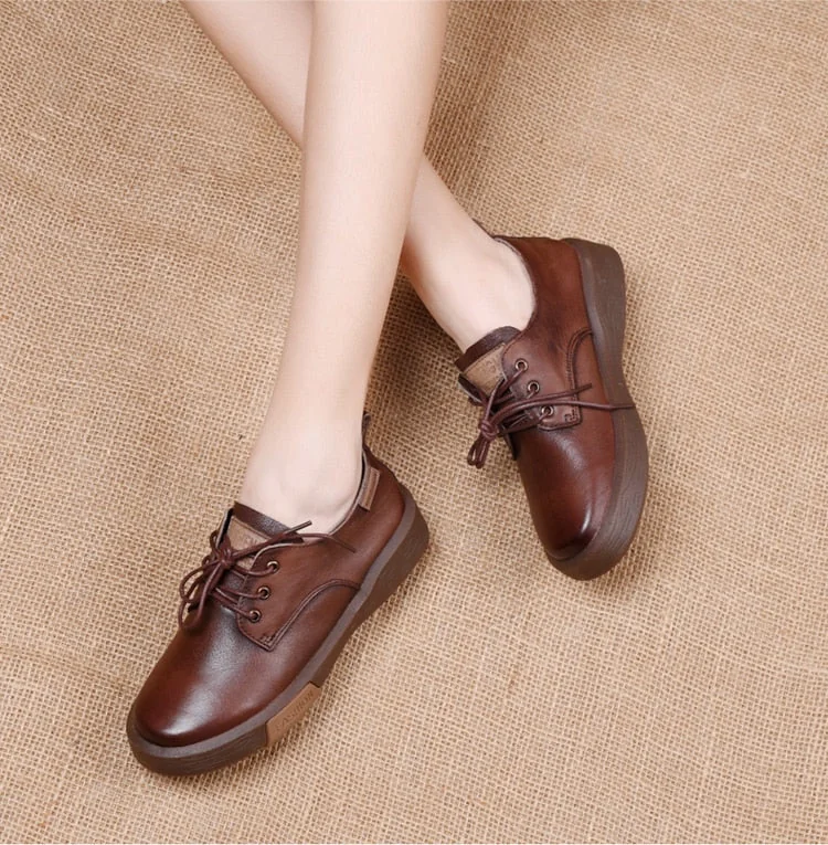 Sneakers Women Genuine Cow Leather Round Toe Lace-Up Ladies Retro Casual Flat Shoes Handmade Loafers - Image 2