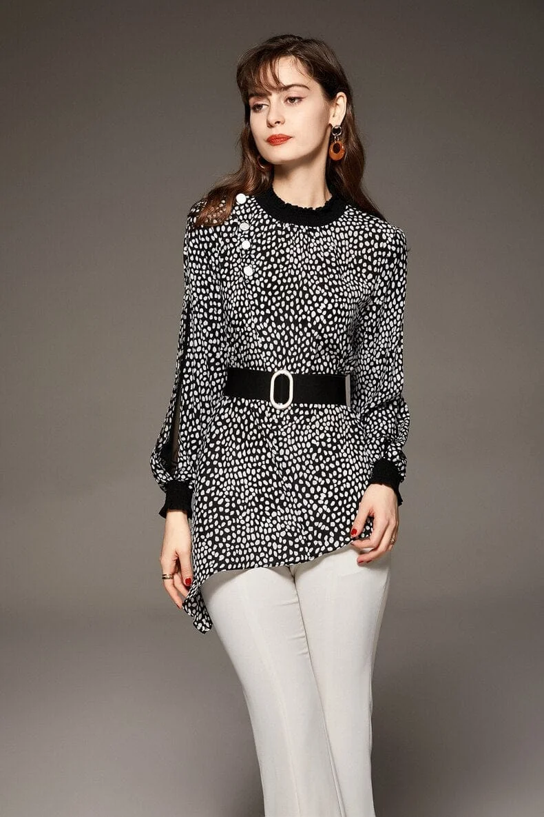 100% Natural Silk Women's Shirt O Neck Long Sleeves Dots Printed Asymmetrical Fashion Blouse Tops - Image 5