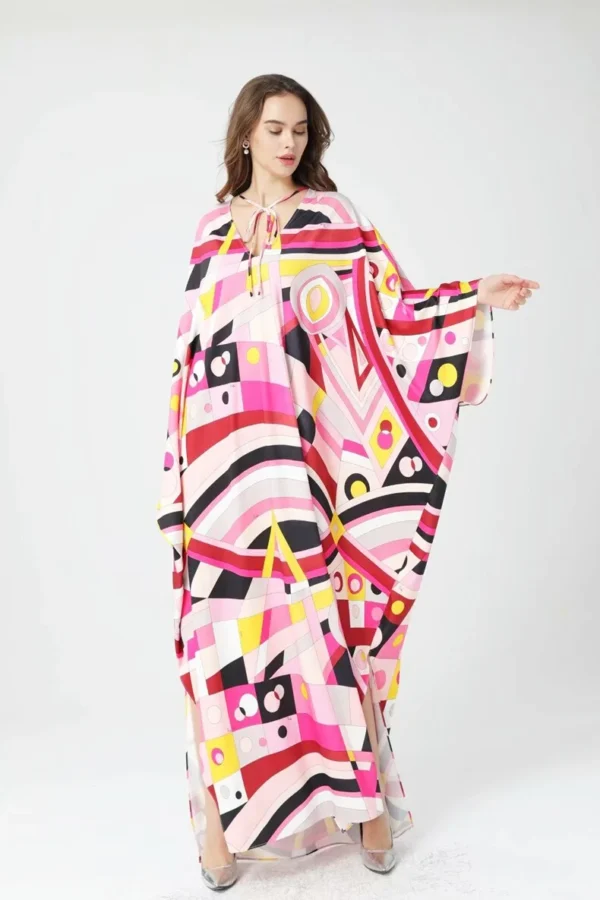 Women's Runway Dresses O Neck Batwing Sleeves Printed Lace Up Elegant Long Spring Robes Dresses Vestidos