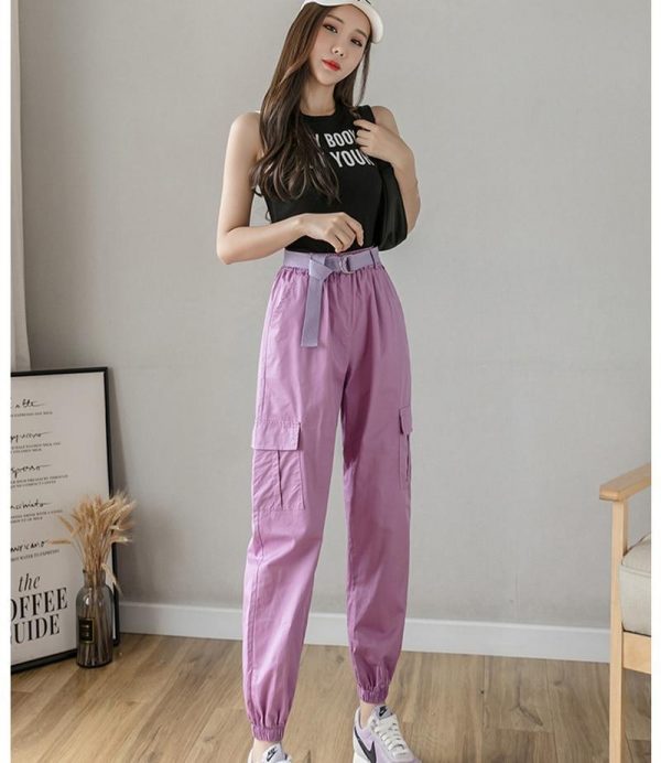 High Waist  Women's Looses Cargo Pants With belt nine-point harem pants Colorfur  high waist pants sashes pockets office pants - Takalr