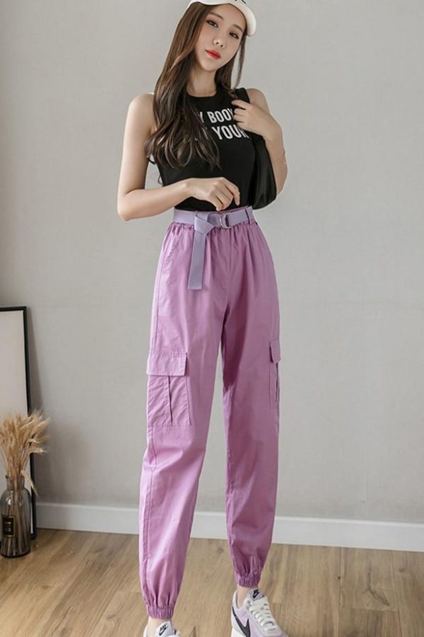 High Waist  Women's Looses Cargo Pants With belt nine-point harem pants Colorfur  high waist pants sashes pockets office pants - Takalr