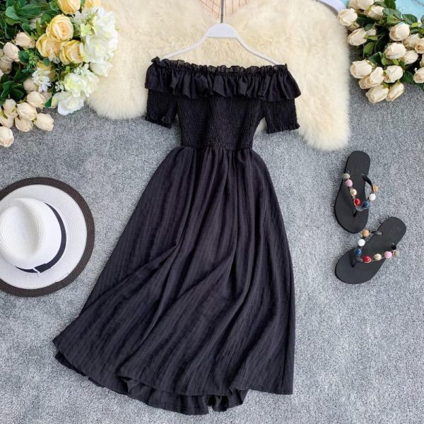 Summer Dress Solid Off Shoulder Dresses Women High Waist Chiffon - Takalr