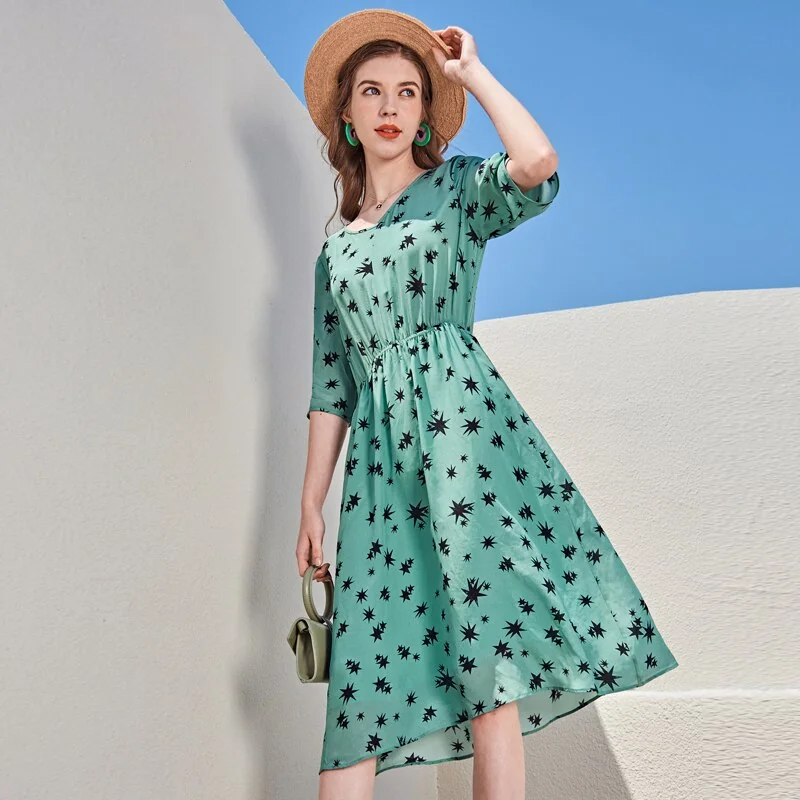100% Silk Women's Runway Dresses v Neck Short Sleeves Printed Elastic Waist Fashion Holiday Dresses