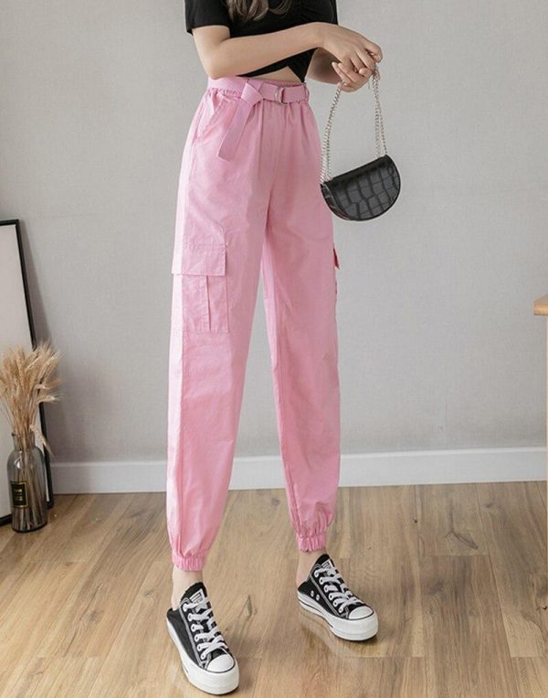 High Waist  Women's Looses Cargo Pants With belt nine-point harem pants Colorfur  high waist pants sashes pockets office pants - Takalr