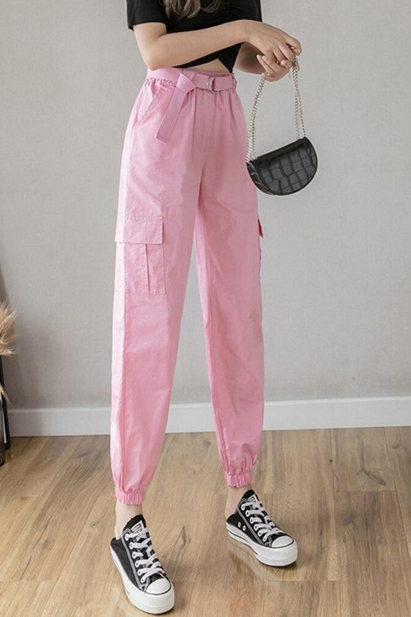 High Waist  Women's Looses Cargo Pants With belt nine-point harem pants Colorfur  high waist pants sashes pockets office pants - Takalr