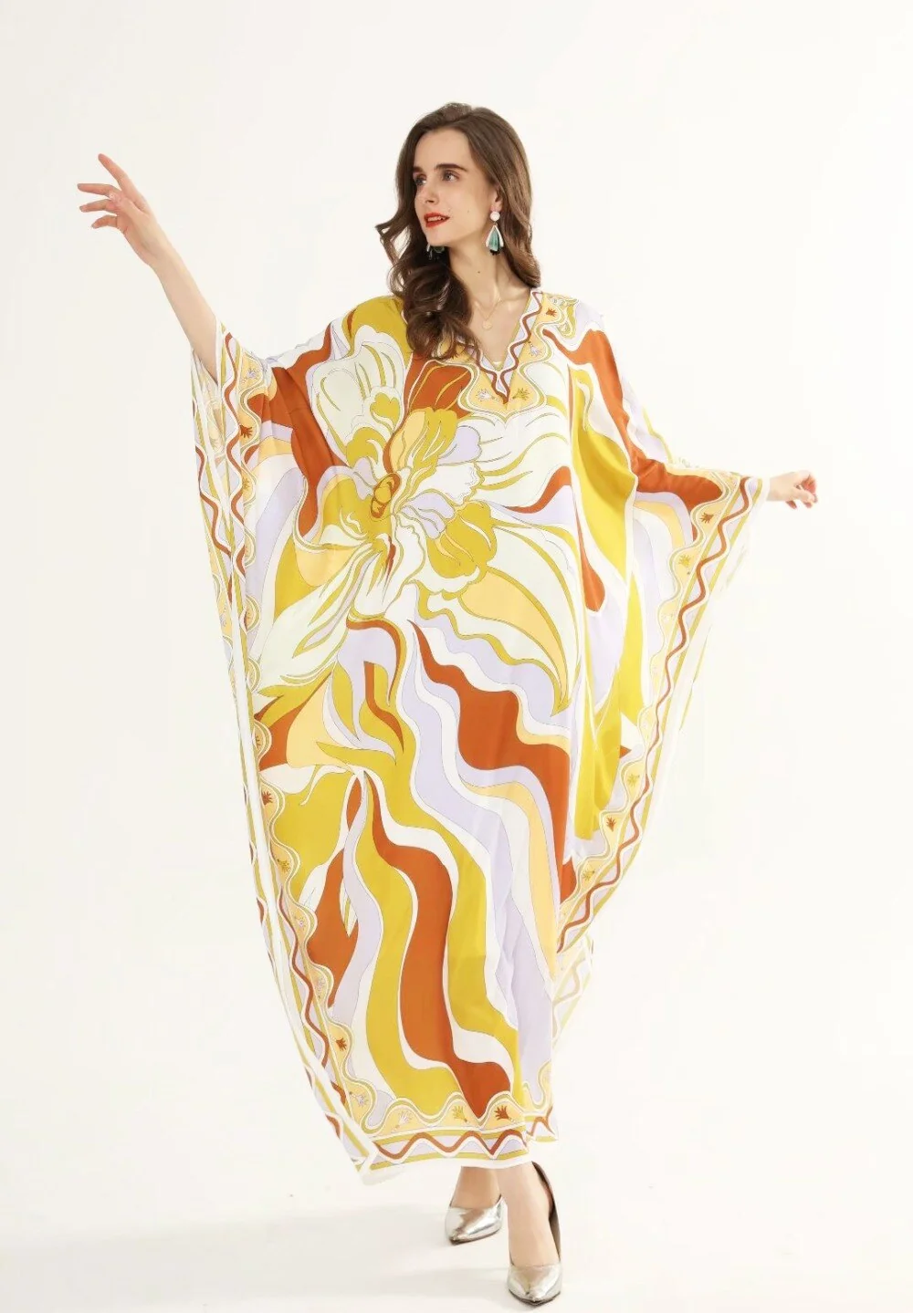 Women's Runway Dresses V Neck Batwing Sleeves Printed Sexy Spit Loose Elegant Casual Maxi Long Dress - Image 2