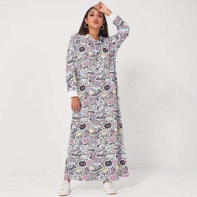 Ladies fashion letters graffiti printing long drawstring hooded loose casual sports sweater dress